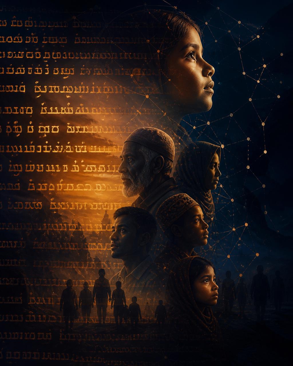 A composition of Rohingya Hanifi script, digital network lines, and community silhouettes representing ROMINDS' work in language and technology